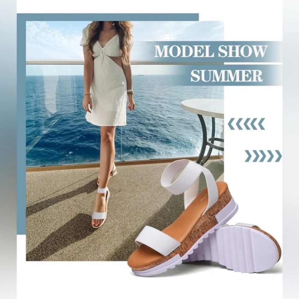 KATLIU WEDGE CORK PLATFORM SANDALS ELASTIC ANKLE STRAP WOMENS WHITE COLOR SIZE 9